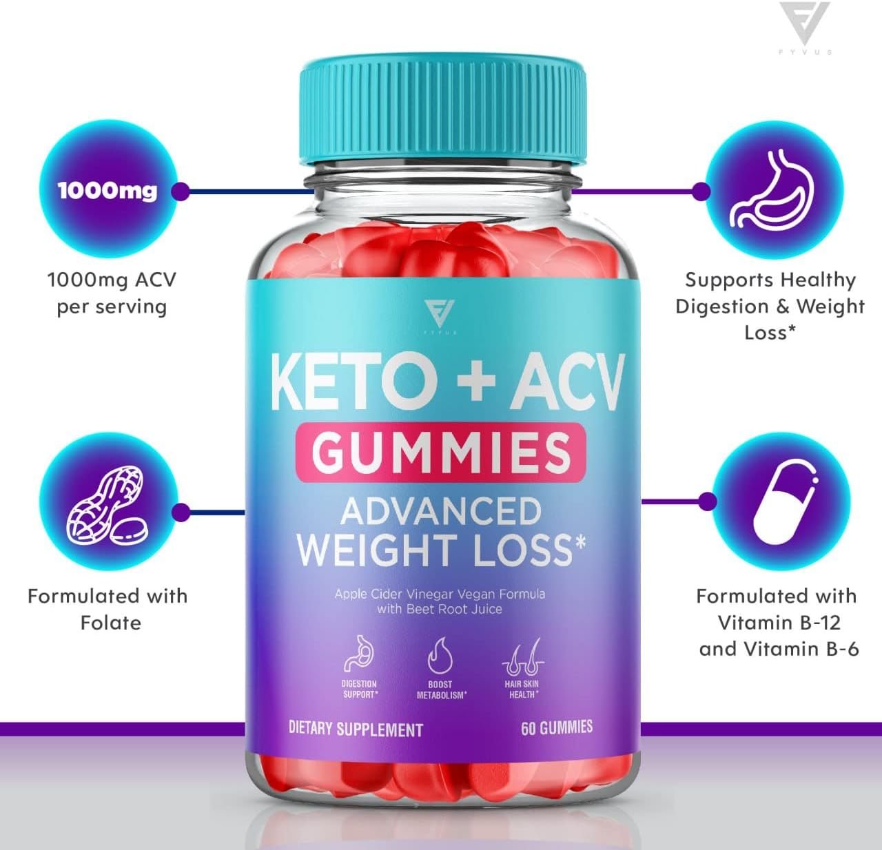 Keto ACV Gummies Advanced Weight Loss Belly Fat - ACV Keto Diet Apple Cider Vinegar 1000MG Vitamin Vegan Supplement, Keto+ ACV Detox Cleanse Formula Women for Men Works Fast (60 Gummies)