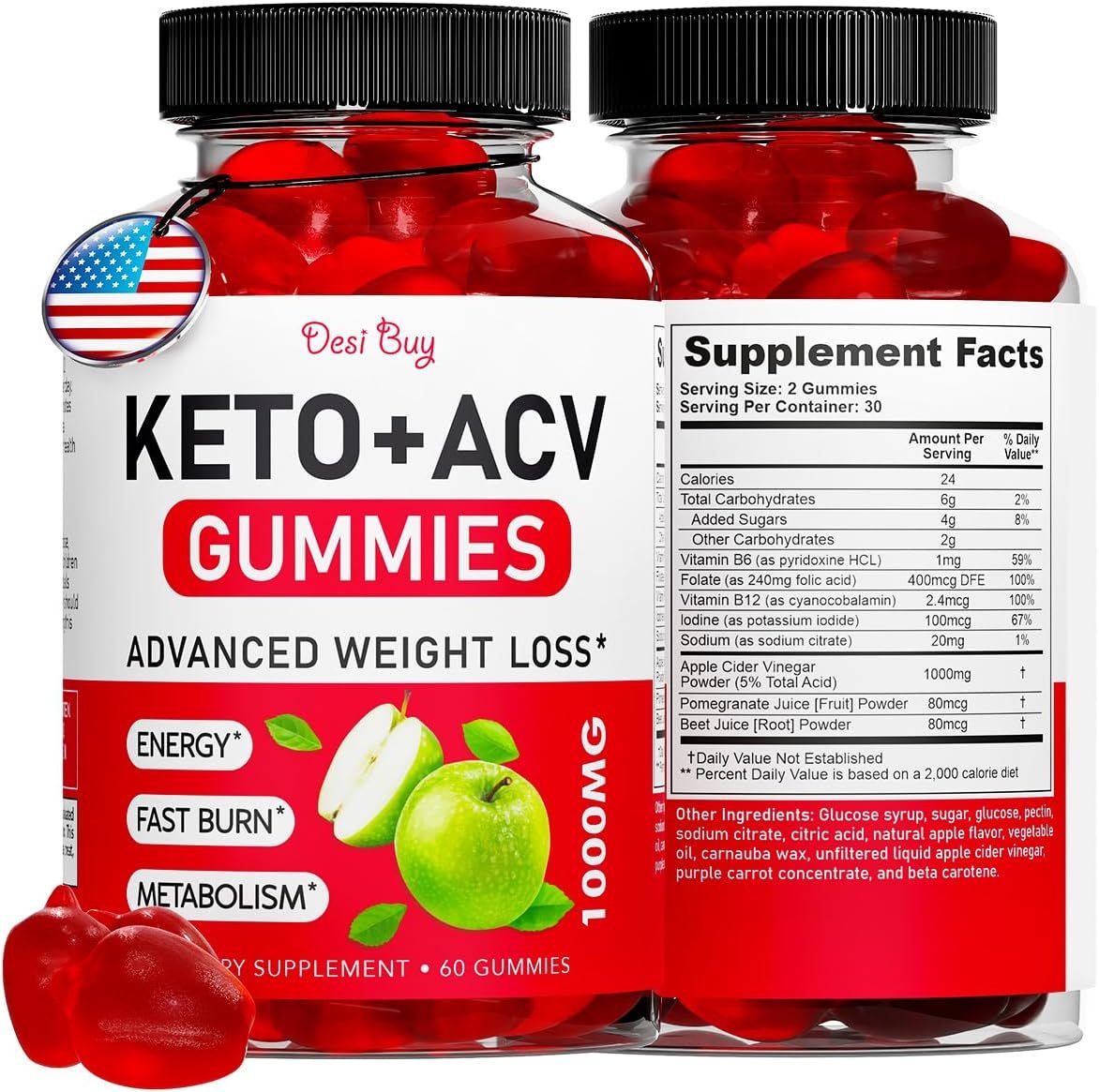 Keto ACV Gummies Advanced, with Apple Cider Keto Supplements, Gluten-Free, Apple Flavor Formula for Men  Women, Made in USA Keto+ACV, 1000 mg 60 Count