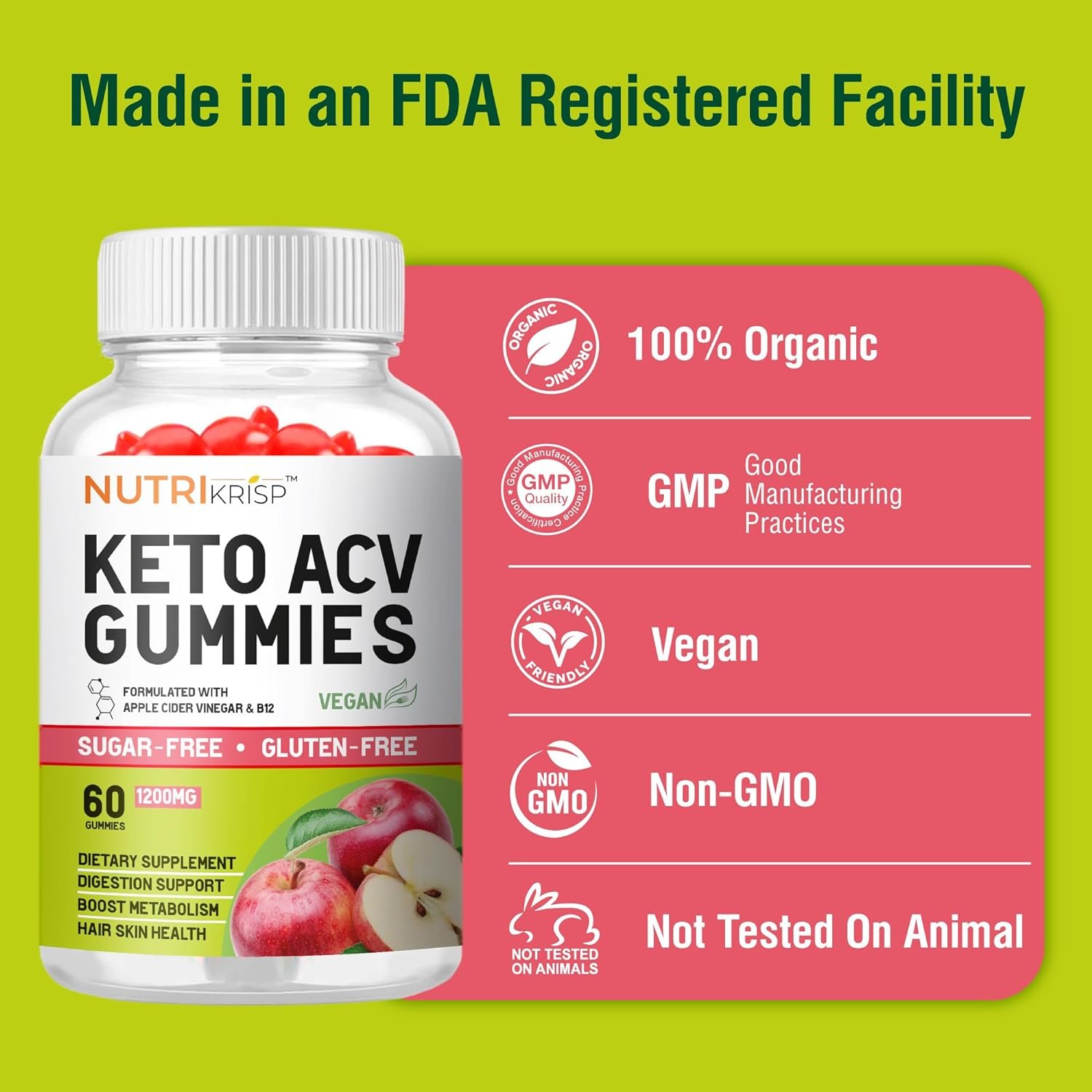 Keto ACV Gummy for Advanced Weight Loss  Rapid Belly Fat Burn - Sugar Gluten Free Pro Active Super Apple Cider Vinegar Diet Supplement for Men Women - Support Digestion Metabolism Hair Skin (1200MG)
