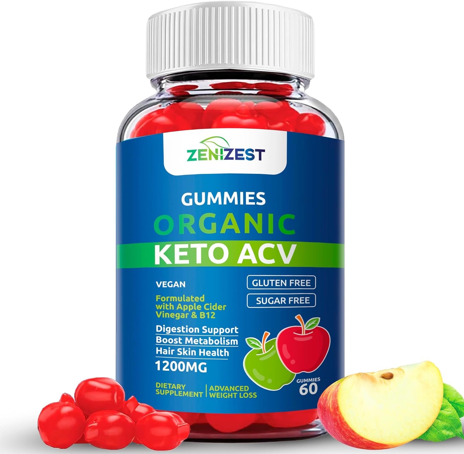 Organic Keto ACV Gummies for Advanced Weight Loss - Sugar  Gluten Free Apple Cider Vinegar Diet Supplement Women Men - Vitamin B12, Vegan  Non-GMO - Support Digestion Metabolism Hair Skin (1200mg)