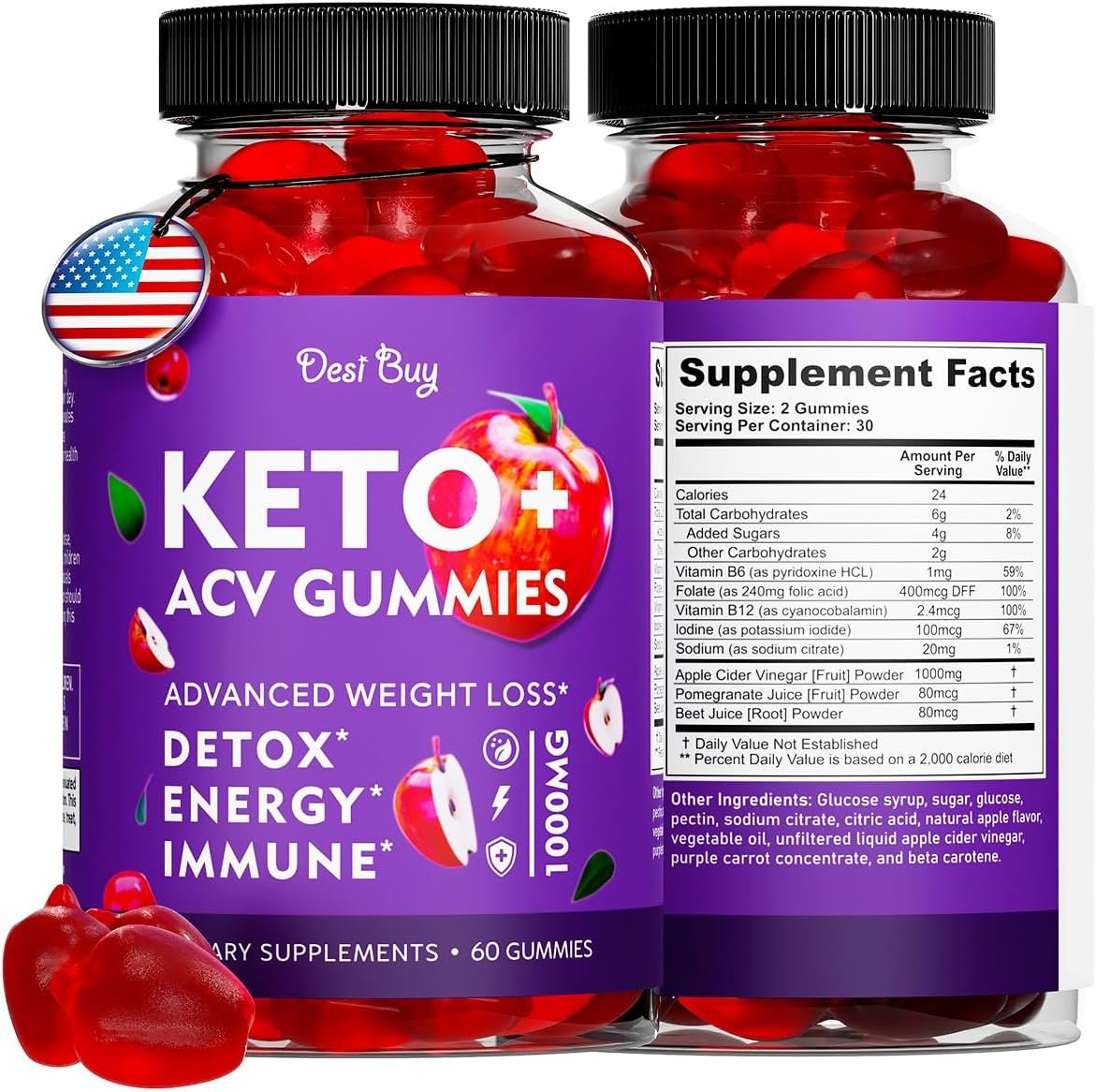 Keto ACV Gummies Advanced Formula with 1000 MG Apple Cider Vinegar for Men  Women Supports Metabolism, ACV Delicious Apple-Flavored Keto Diet, Low-Carb, Made in USA 60 Count