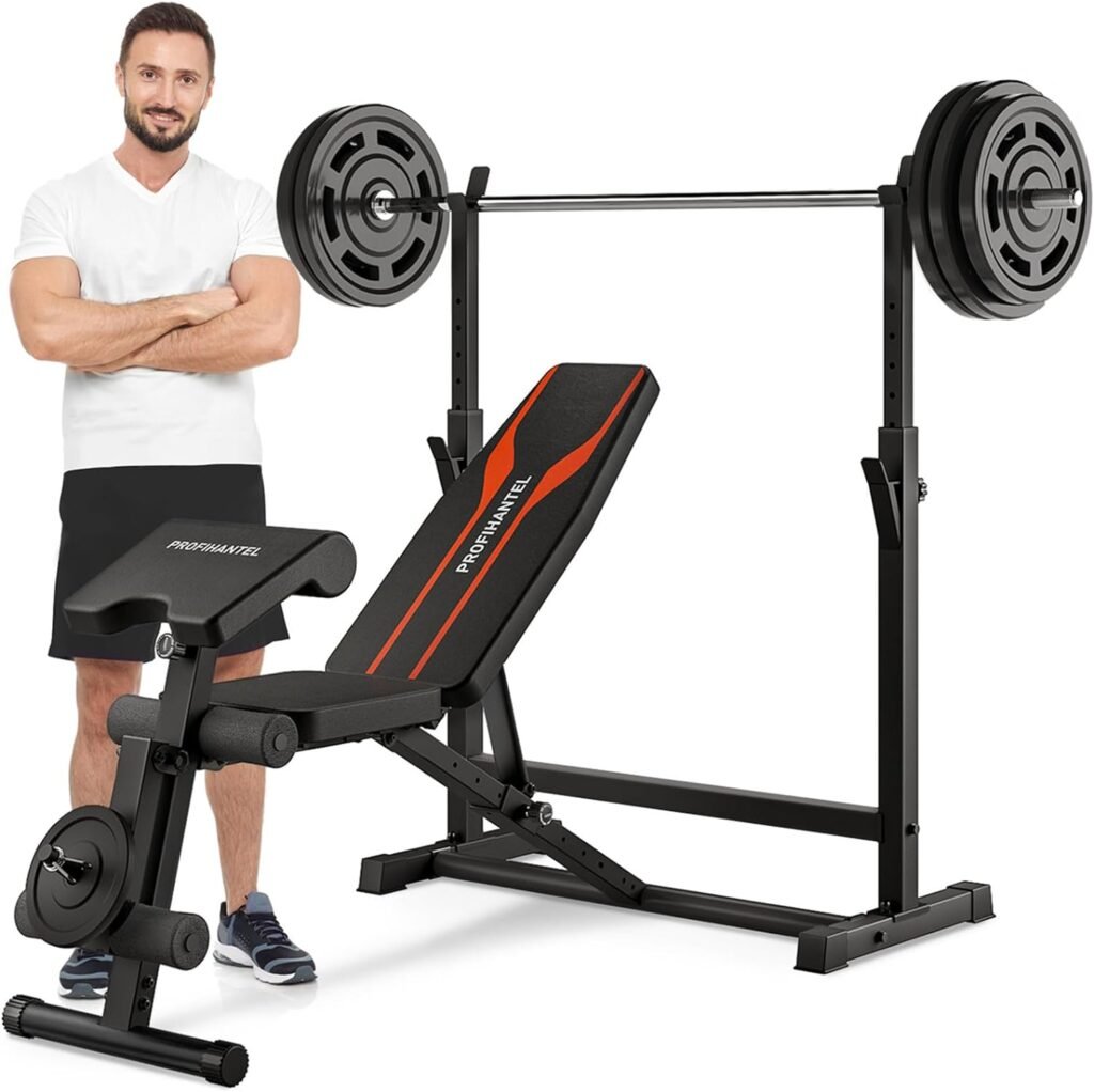 Adjustable Weight Bench, Bench Press Rack with Squat Rack, Leg Exercises Preacher Curl Rack for Home Gym Full Body Workout