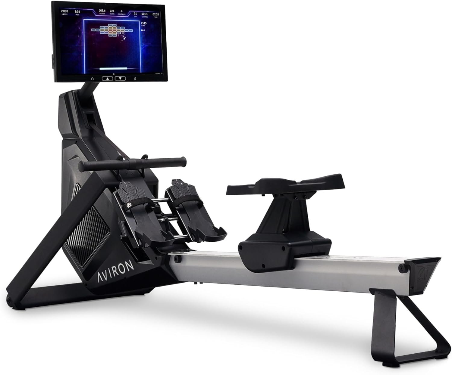 Aviron Strong Series Rower: 22 HD Touchscreen, Dual Air  Magnetic Resistance up to 100 lbs. Game-Based Workouts, Streaming, Compact Design, Black