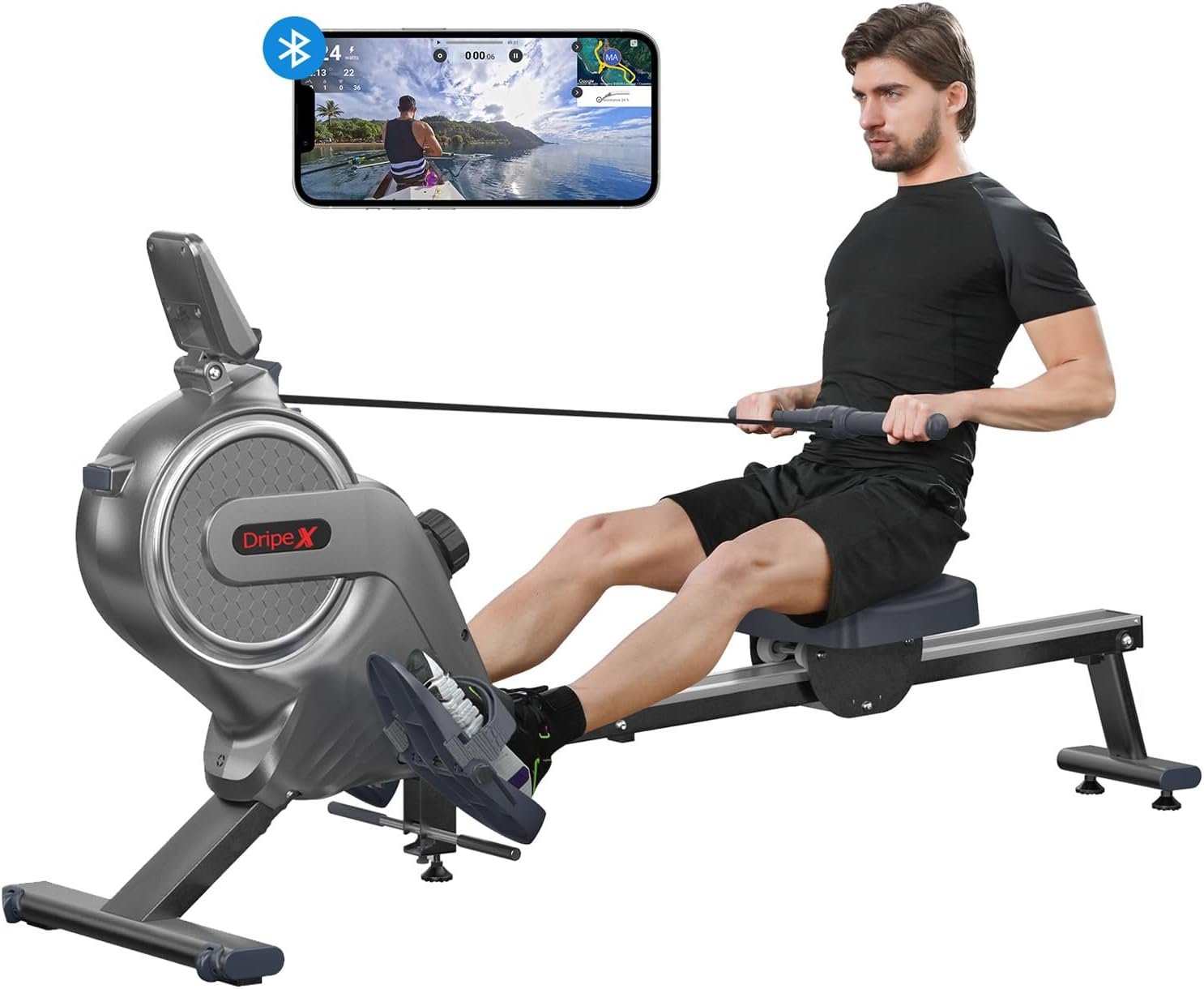 Dripex Magnetic Rowing Machine for Home Use, Super Silent Indoor Bluetooth Rower with 16-Level Adjustable Resistance, Double Aluminum Sliding Rail, LCD Monitor Fit for Gym, Max 350lb Weight Capacity