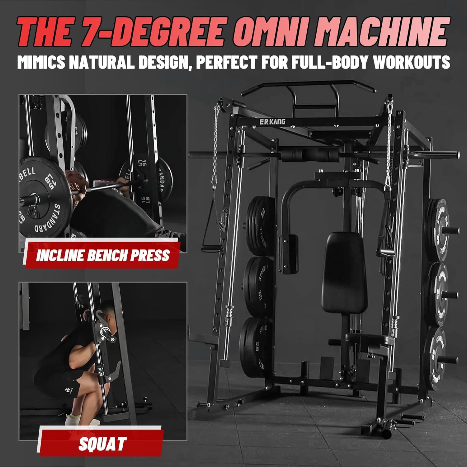 ER KANG Power Cage SmithΔ Machine, Chest Press Machine with Weight Bench, 2000LBS Power Rack with Cable System, Multi-Function Workout Weight Cage with Seat pad, J-Hooks, Spotter Arms for Home Gym