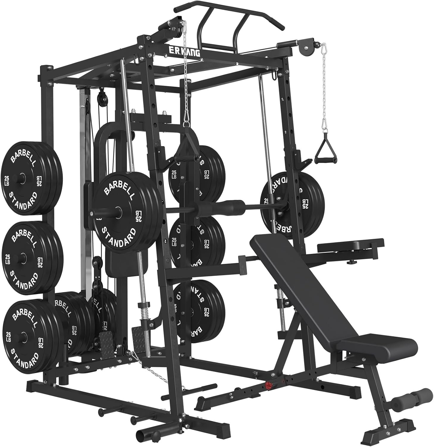 ER KANG Power Cage SmithΔ Machine, Chest Press Machine with Weight Bench, 2000LBS Power Rack with Cable System, Multi-Function Workout Weight Cage with Seat pad, J-Hooks, Spotter Arms for Home Gym