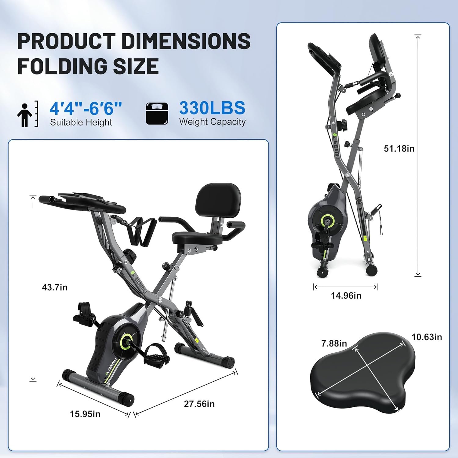 Exercise Bike, 5 in 1 Foldable Stationary Bike for Seniors, 16-Level Adjustable Magentic Resistance, Indoor Recumbent Bike with 330LB Capacity, Comfortable Seat Backrest Adjustments