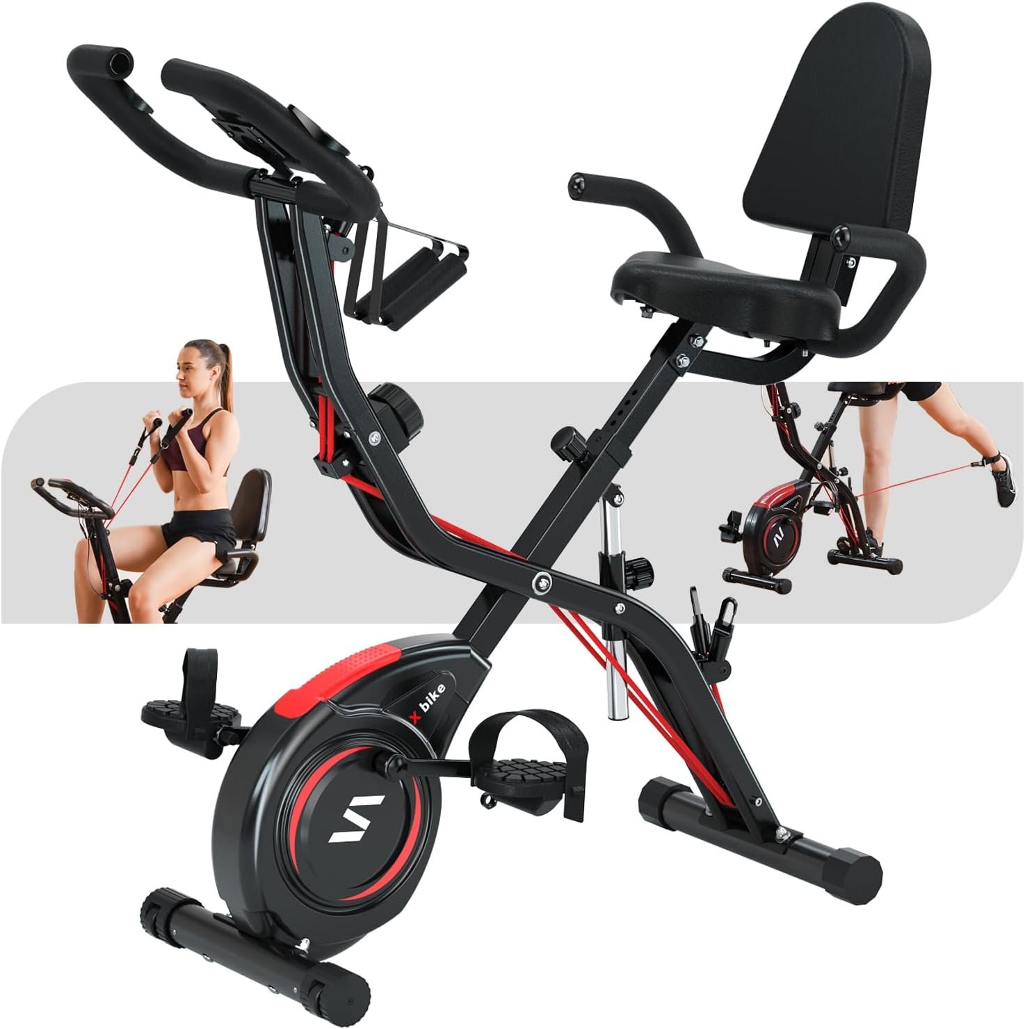 Folding Exercise Bike with Arm  Leg Band, Foldable Stationary Bike for Seniors, Recumbent Exercise Bike for Home, Pluse Sensor, Back Rest, Large Seat, 330lbs Max Weight