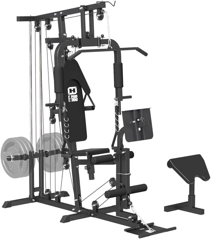 Home Gym System Workout Station, Multifunctional Full Body Home Gym Equipment with Pulley System, Plate Loaded Home Gym Station with Various Exercise Attachments for Total Body Training