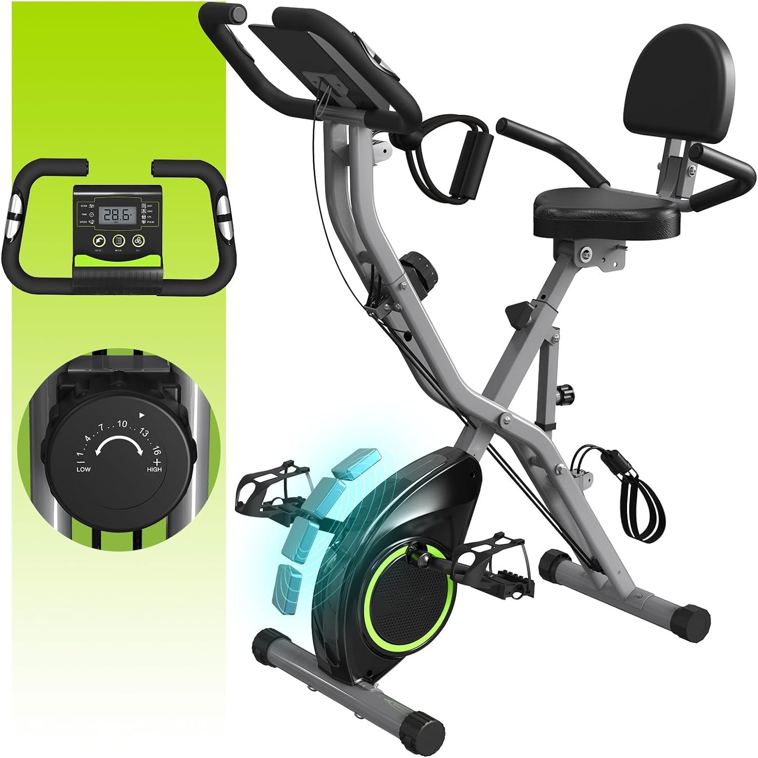 Indoor Exercise Bike for Seniors, 5 IN 1 Foldable Stationary Bike with 16-Level Magnetic Resistance and Tri-Position Ride, 300LBS Capacity, 5.5 LBS Flywheel, Designed for Home Workout