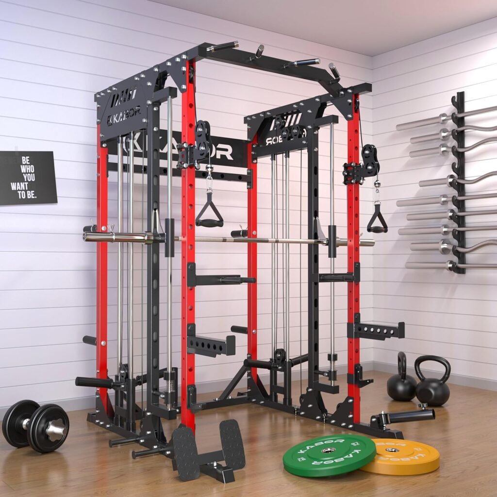 KABOR Smith Machine, TK600 Multi-Functional Power Rack with Smith Bar, 1800lbs Power Cage Cable Crossover Machine, Leg Hold and LAT-Pull Down System for Home Gym, Red