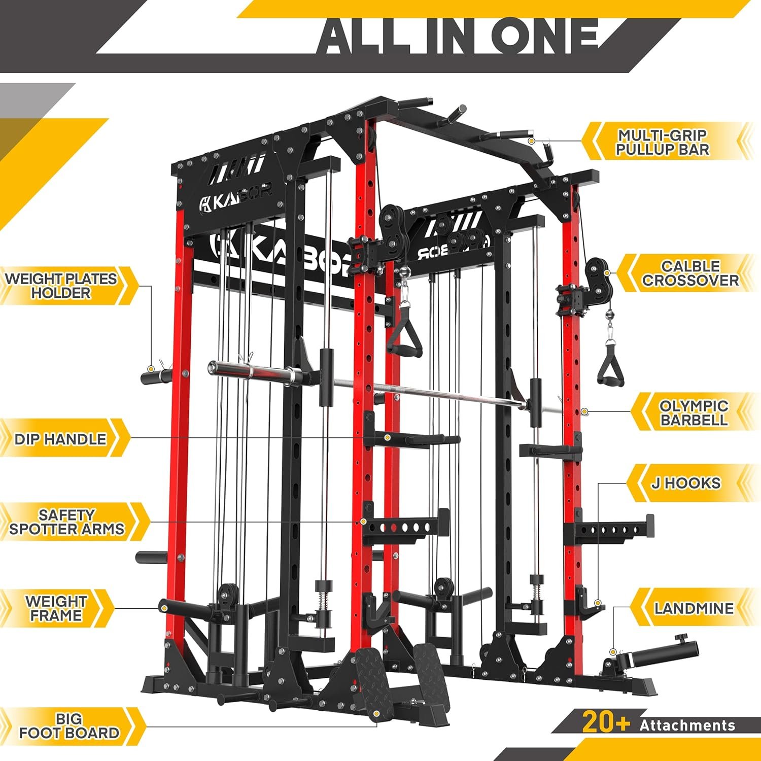 KABOR Smith Machine, TK600 Multi-Functional Power Rack with Smith Bar, 1800lbs Power Cage Cable Crossover Machine, Leg Hold and LAT-Pull Down System for Home Gym, Red