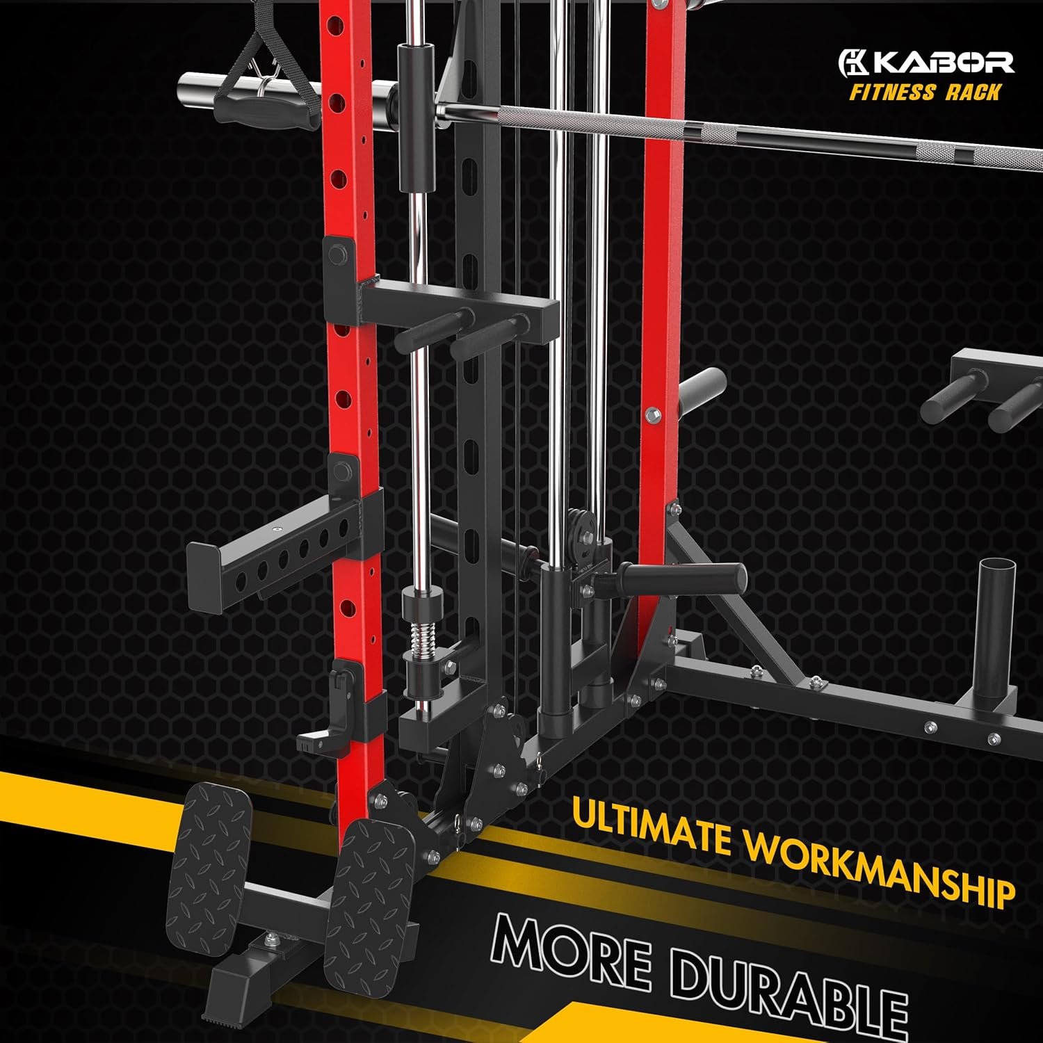 KABOR Smith Machine, TK600 Multi-Functional Power Rack with Smith Bar, 1800lbs Power Cage Cable Crossover Machine, Leg Hold and LAT-Pull Down System for Home Gym, Red