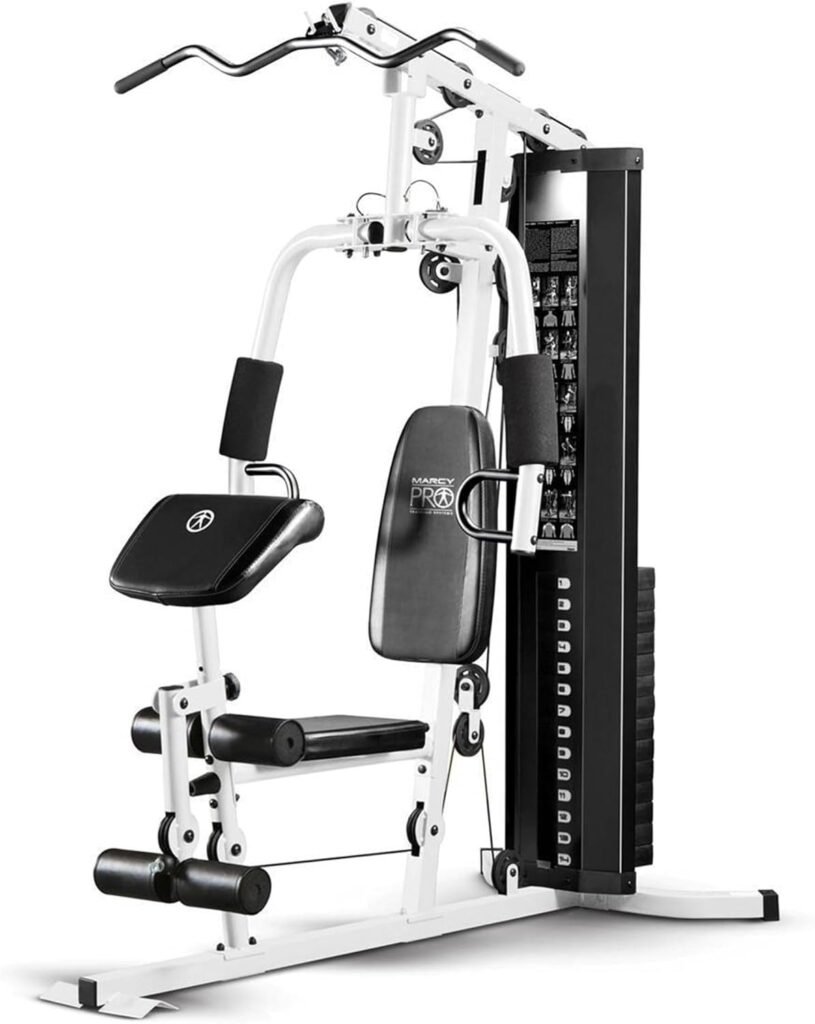 Marcy Dual Functioning Body Fitness Workout 150 Pound Stack Home Gym System with Adjustable Preacher Curler Pad and Overhead Lat Station, White/Black