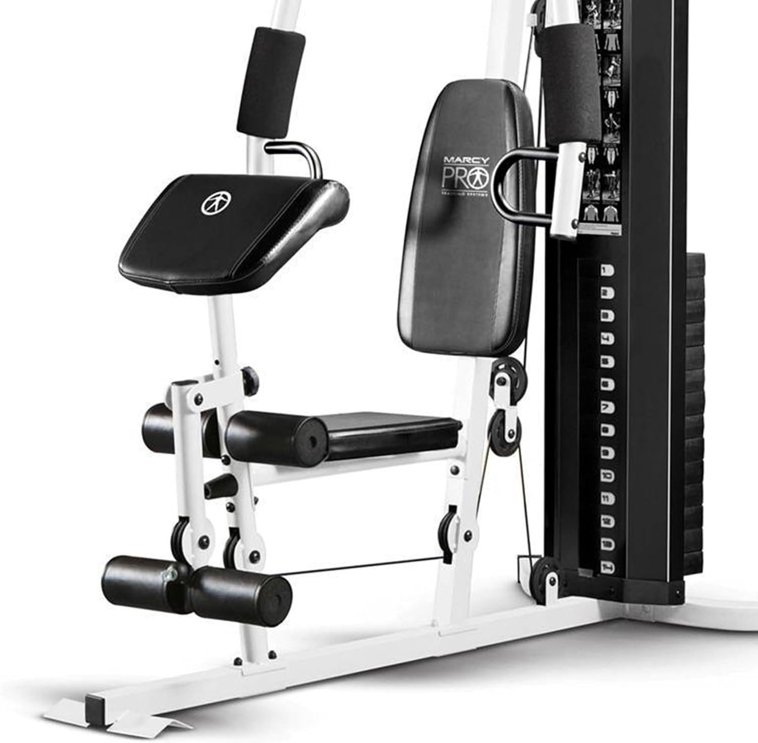 Marcy Dual Functioning Body Fitness Workout 150 Pound Stack Home Gym System with Adjustable Preacher Curler Pad and Overhead Lat Station, White/Black