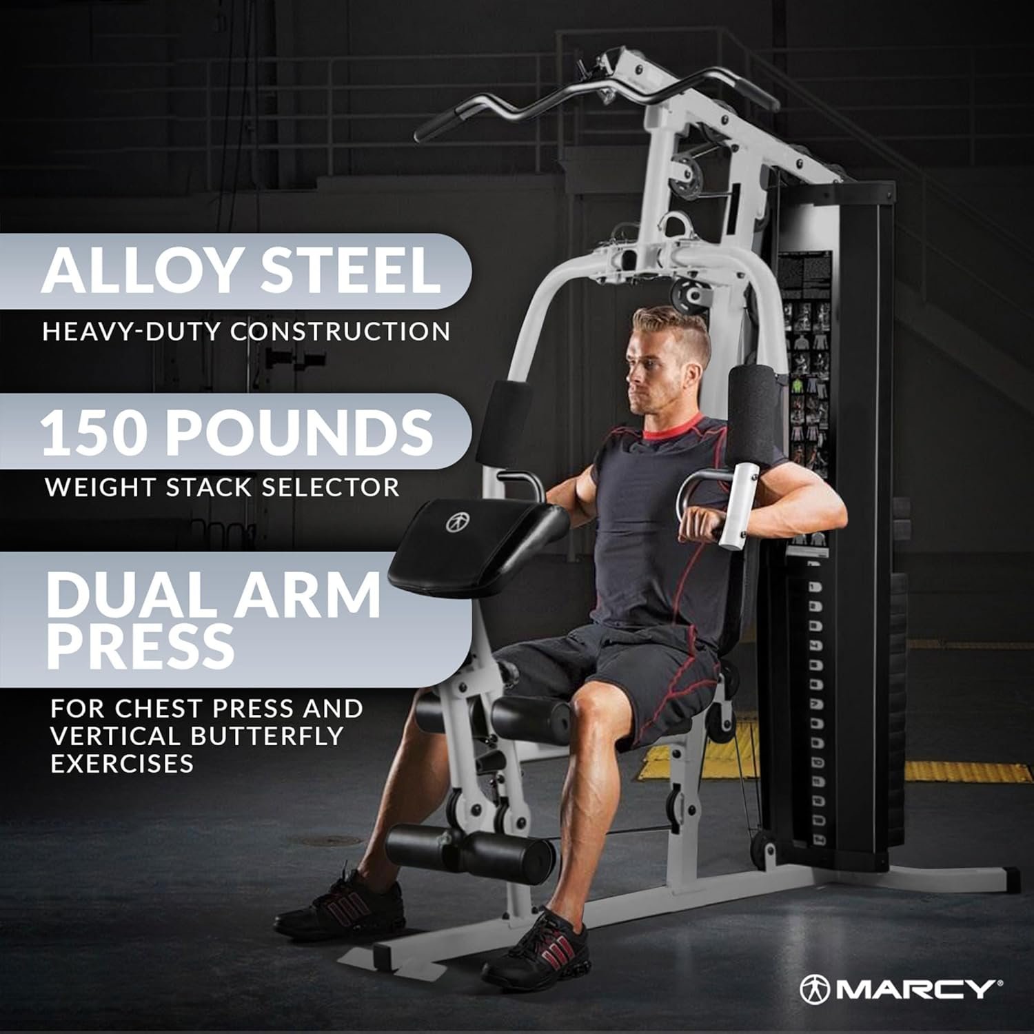 Marcy Dual Functioning Body Fitness Workout 150 Pound Stack Home Gym System with Adjustable Preacher Curler Pad and Overhead Lat Station, White/Black