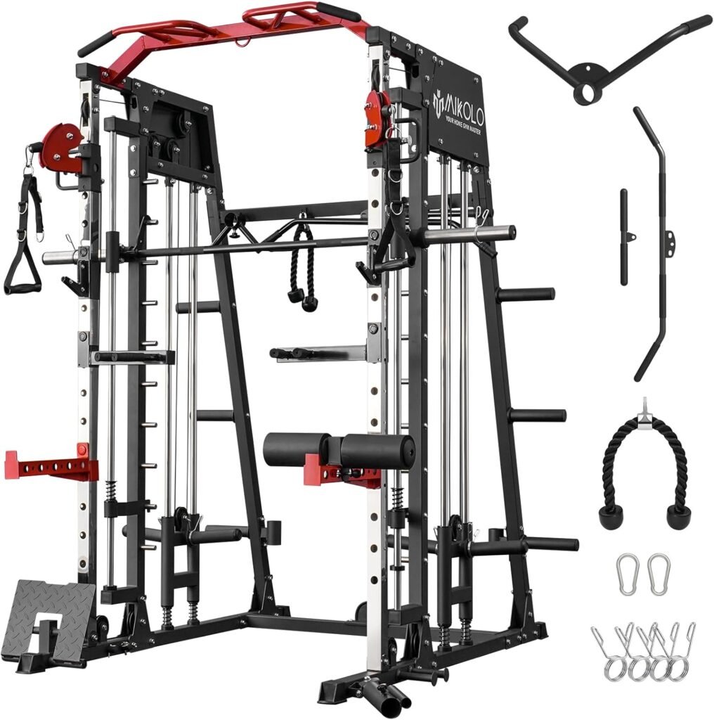 Mikolo Smith Machine, 2200lbs Squat Rack with LAT-Pull Down System  Cable Crossover Machine, Training Equipment with Leg Hold-Down Attachment