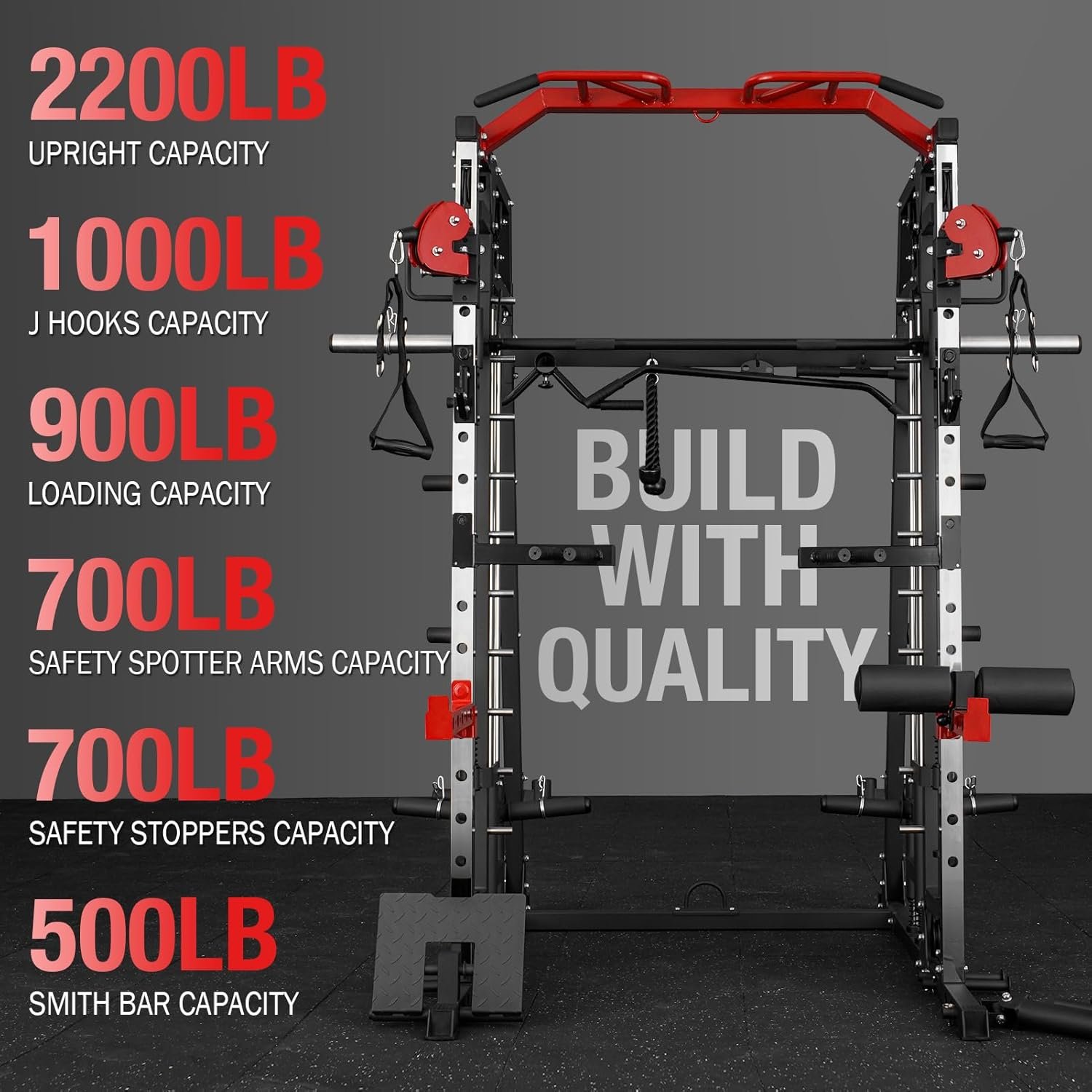 Mikolo Smith Machine, 2200lbs Squat Rack with LAT-Pull Down System  Cable Crossover Machine, Training Equipment with Leg Hold-Down Attachment