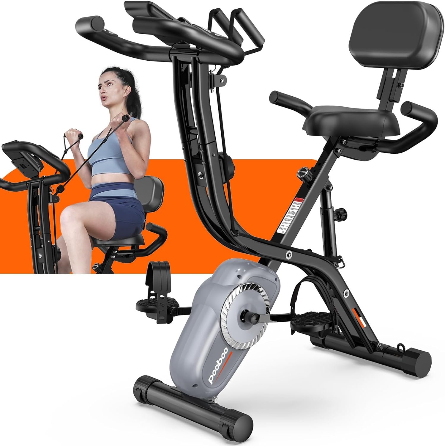 Pooboo Folding Exercise Bike Magnetic Resistance, Multi-functional, Enhanced Comfort Design, 8-Level Resistance Adjustment, LCD Display, Heart Rate Sensor, 330LB Capacity 5-in-1 Stationary Bike Ideal for the Entire Family