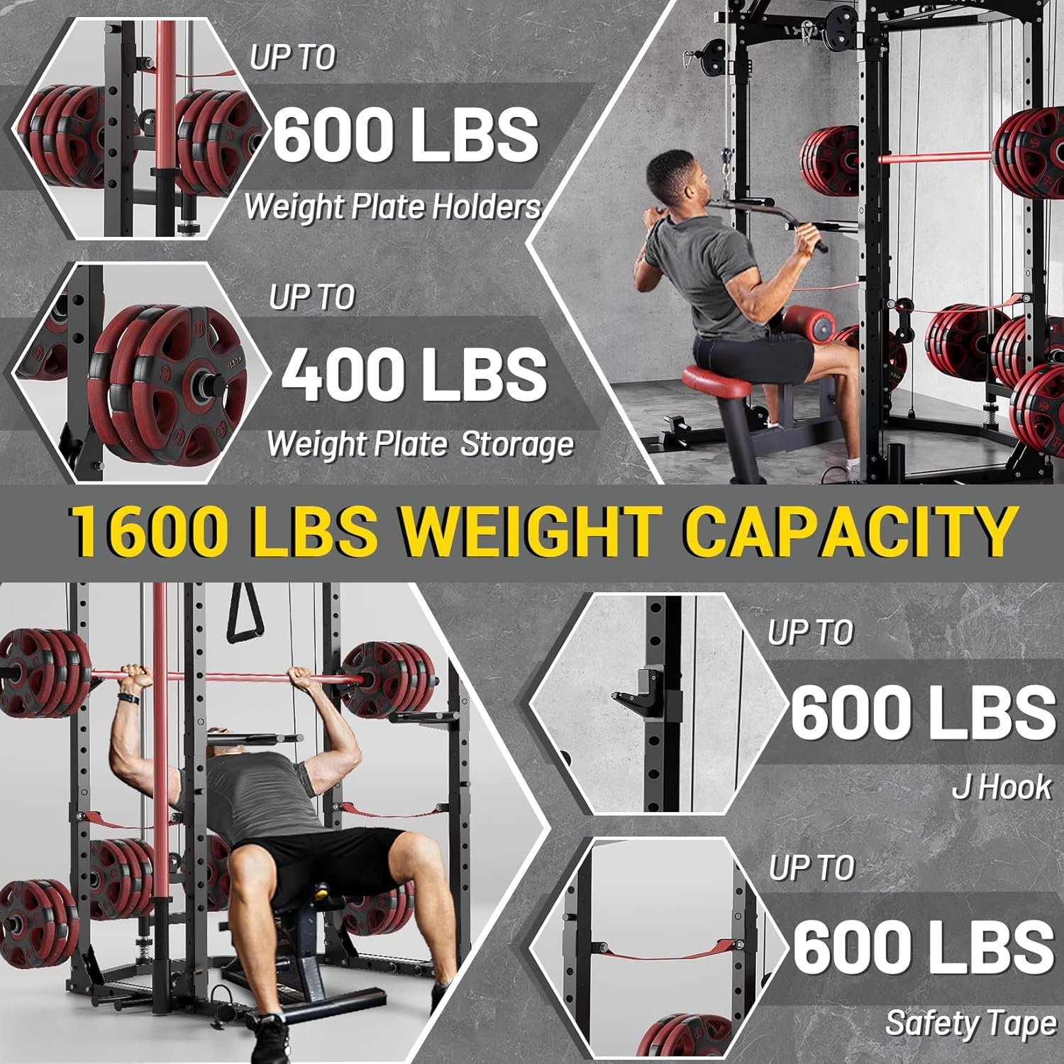 Power Cage, Multi-Functional Power Racks for Home Gym with Cable Crossover System, 1600LBS Weight Capacity Fitness Reality Squat Rack for Strength Workout with More Training Attachment