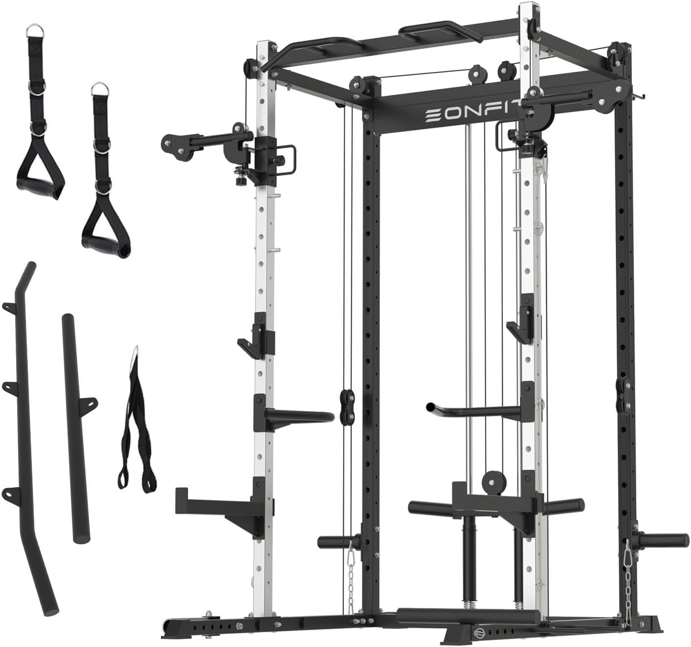 Power Cage with LAT Pulldown Cable Crossover, Power Rack with Pulley System Half Squat Rack for Home Gym Strength Training 1000LBS Multifunction