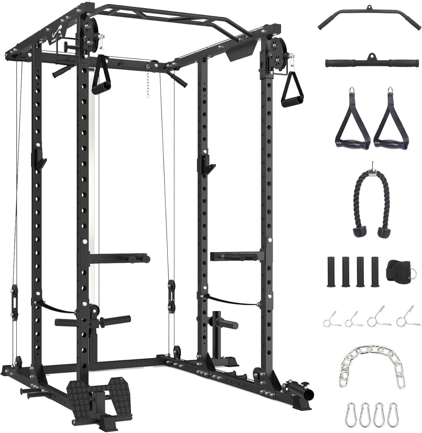 Power Cage,2000lbs Multi-Function Power Rack with J-Hooks,Dip Handles,LAT Pulldown and Optional Cable Pulley System,Squat Rack with Optional Lever Arm Belt Squat for Home Gym