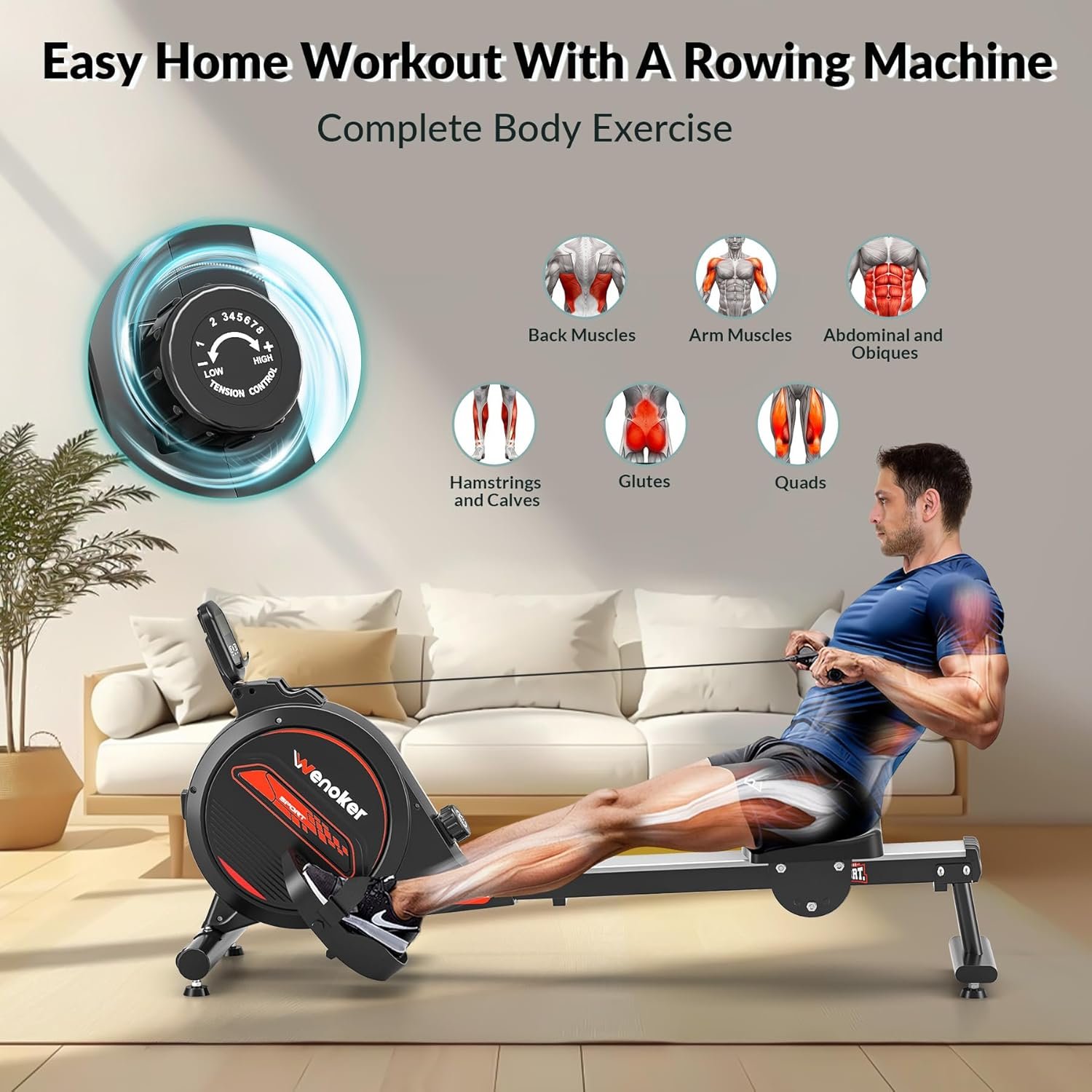 Rowing Machine,Wenoker Magnetic Rower Machine for Home,350 LB Weight Capacity, Smooth Whisper Quiet with LCD Monitor Tablet Holder  Comfortable Seat Cushion, Compact and Saves Space