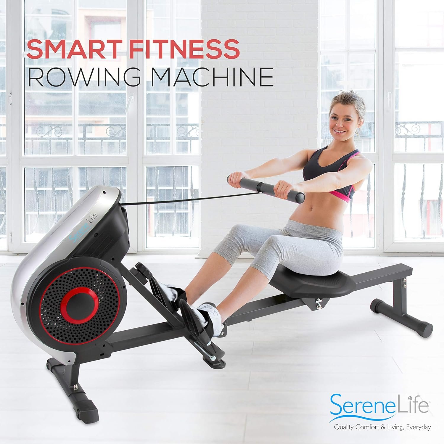 SereneLife Air  Magnetic Rowing Machine - Measures Time, Distance, Stride, Calories - For Gym or Home Cardio Workout