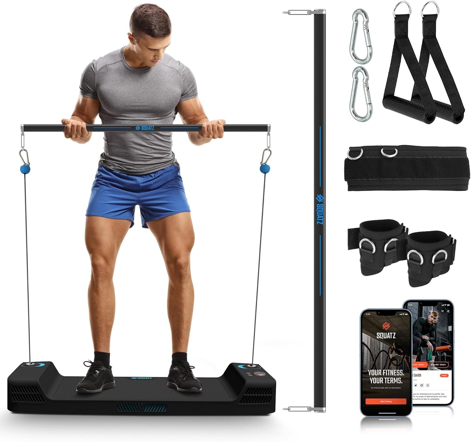 SQUATZ Apollo Board Mini: 150lb Resistance Smart Cable Machine, Functional Trainer for Full Body Workouts, Full Body Strength, Digital Home Gym Equipment with Free App includes Accessories, Blue