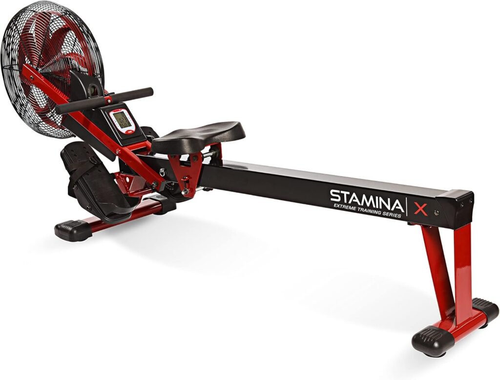 Stamina X Air Rower - Rower Machine with Smart Workout App - Rowing Machine with Air Resistance for Home Gym Fitness - Up to 250 lbs Weight Capacity - Black/Red