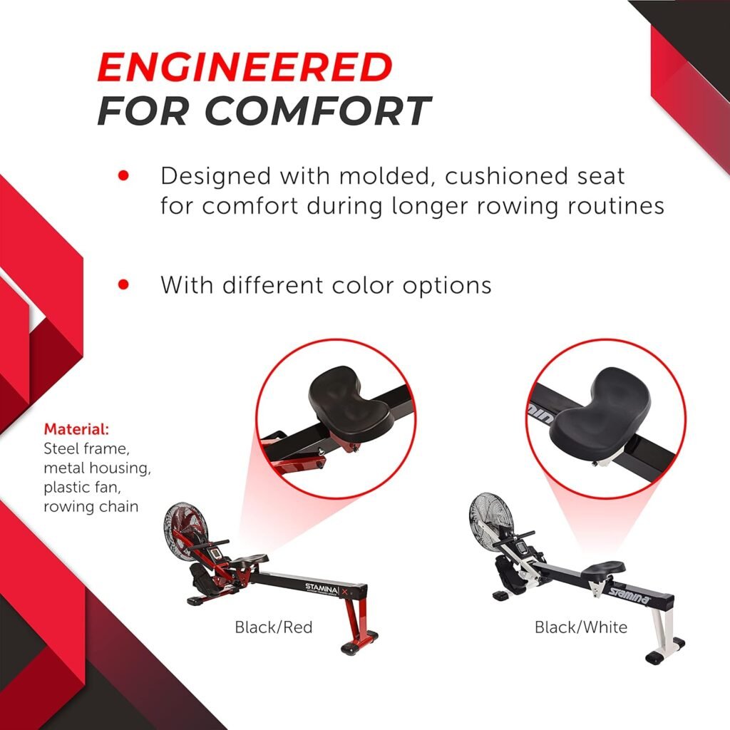 Stamina X Air Rower - Rower Machine with Smart Workout App - Rowing Machine with Air Resistance for Home Gym Fitness - Up to 250 lbs Weight Capacity - Black/Red