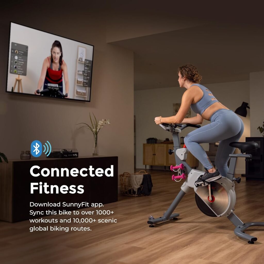 Sunny Health  Fitness Indoor Stationary Cycling Exercise Bike for Home Cardio Workout, 4-Way Adjustable  Cushioned Seat, Optional Magnetic Resistance  Exclusive SunnyFit App Enhanced Bluetooth Link