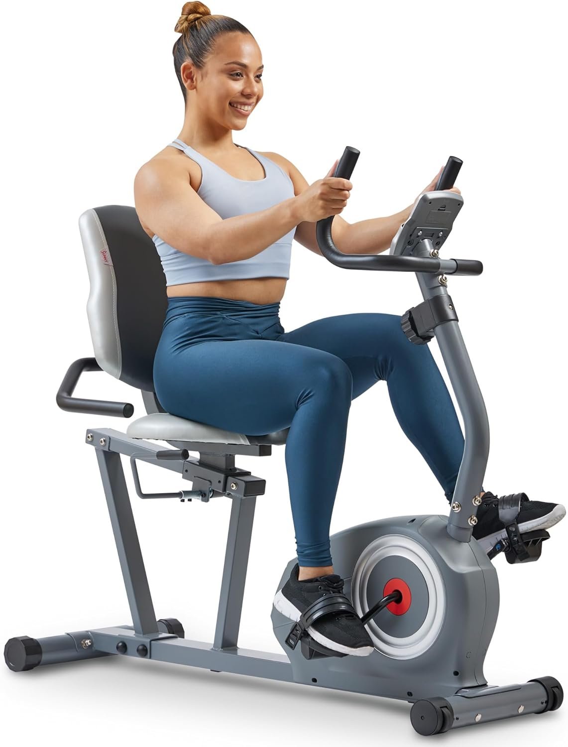 Sunny Health  Fitness Magnetic Recumbent Bike w/Adjustable Wide Cushion Seat, Home Stationary Exercise Machine for Adult/Seniors, Optional Arm Exerciser  Exclusive SunnyFit App Bluetooth Connection