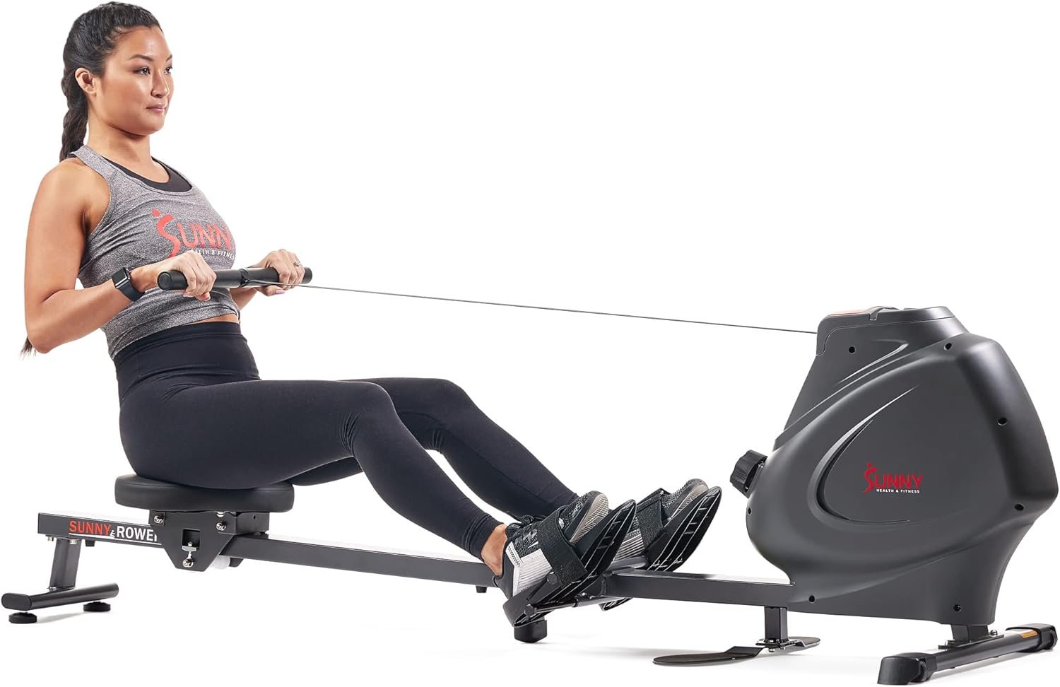 Sunny Health  Fitness Multi-Function Premium Magnetic Rowing Machine, Bicep Curls, Upward Rows, Seated Rows, Foldable Slide Rails, Digital Monitor and Optional Bluetooth with Exclusive SunnyFit App